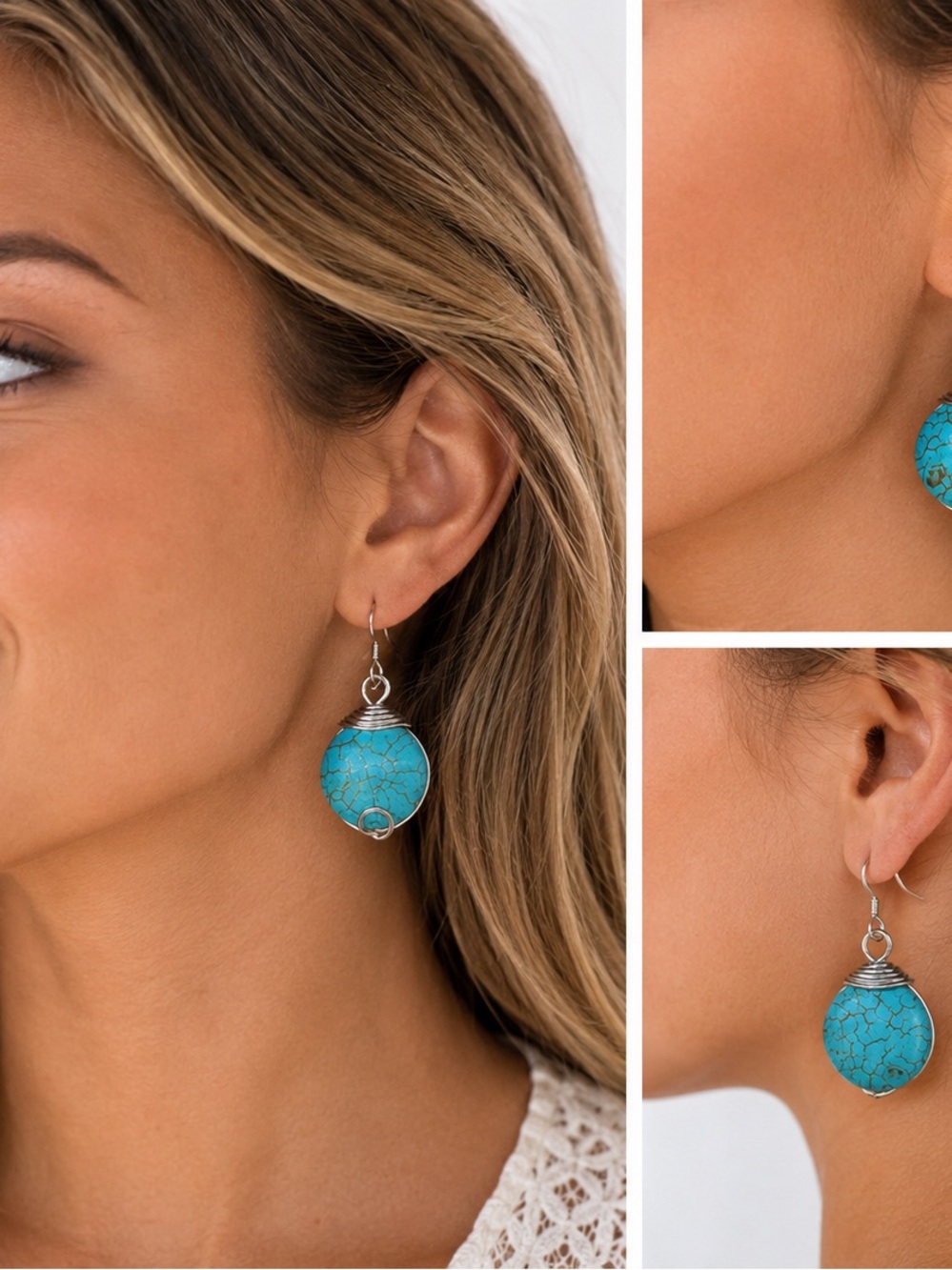 Handmade Turquoise Stone Silver Wire Drop Earrings Boho Southwestern
